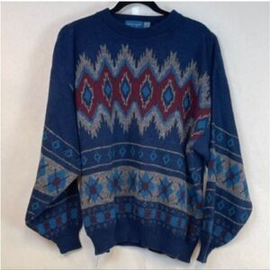Vintage 90s TOWNCRAFT Grandpa Sweater L Blue Red Gray Geometric Crewneck Retro